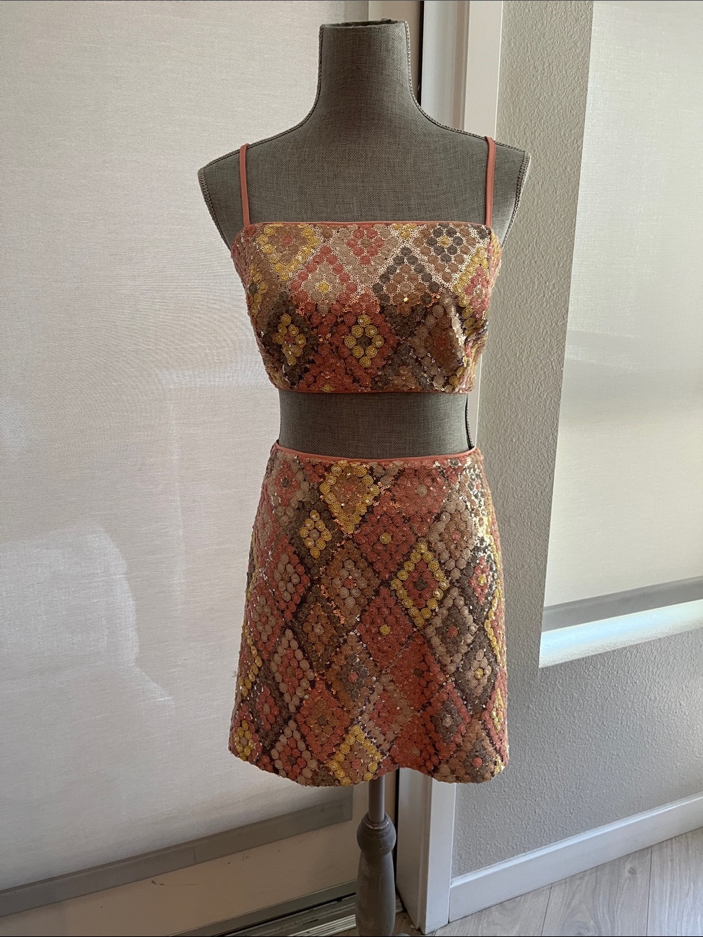 Caroline Constas Coral Sequin Crop Top & Mini Skirt Set